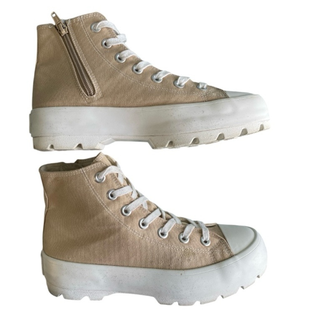 Sincerely Jules Tan Canvas High‑Top Platform Sneakers Lug Sole + Side Zip Sz 7.5